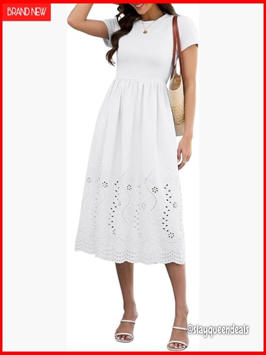 Casual Short Sleeve A Line Eyelet Cotton Maxi Dress with Pockets